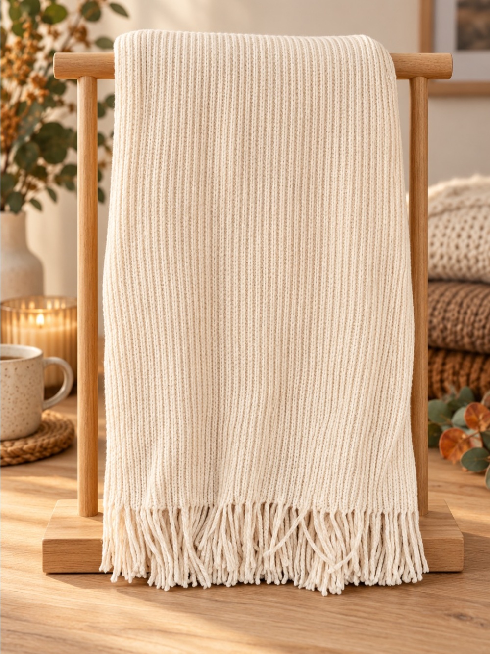 Cream Knit Throw Blanket - Classic Cozy Home Bedding